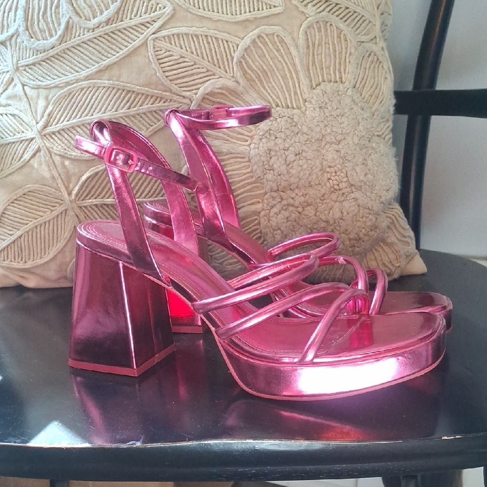stradivarius Metallic Pink Strappy Block Heel Sandals